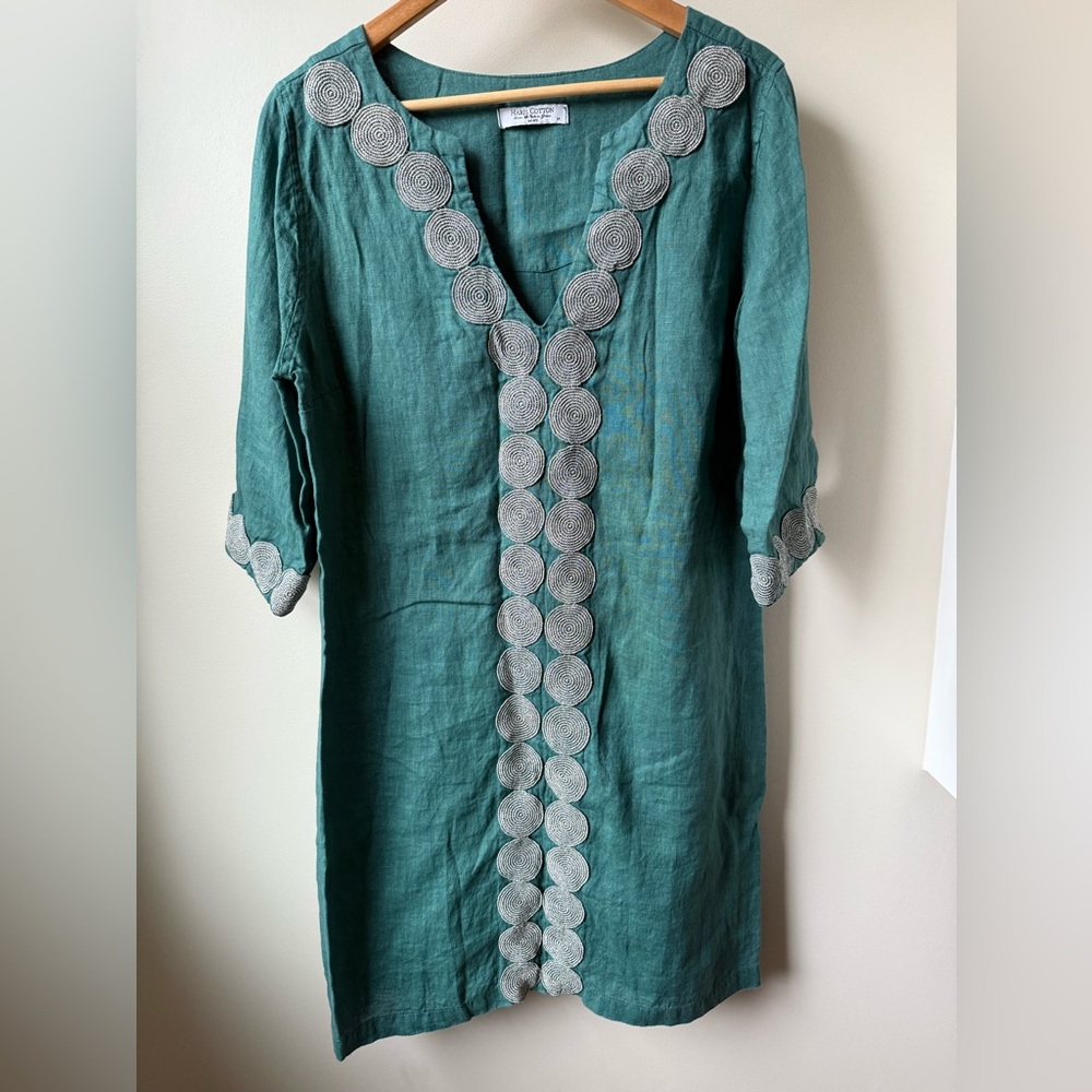 HARIS COTTON Linen Shift Dress Green Medallion Resort Lightweight Coastal‎ M